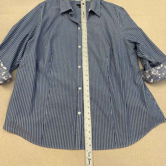 Talbots Blue & White Pin Striped Button Blouse Shirt Floral Flip Cuff 24W - Picture 10 of 14